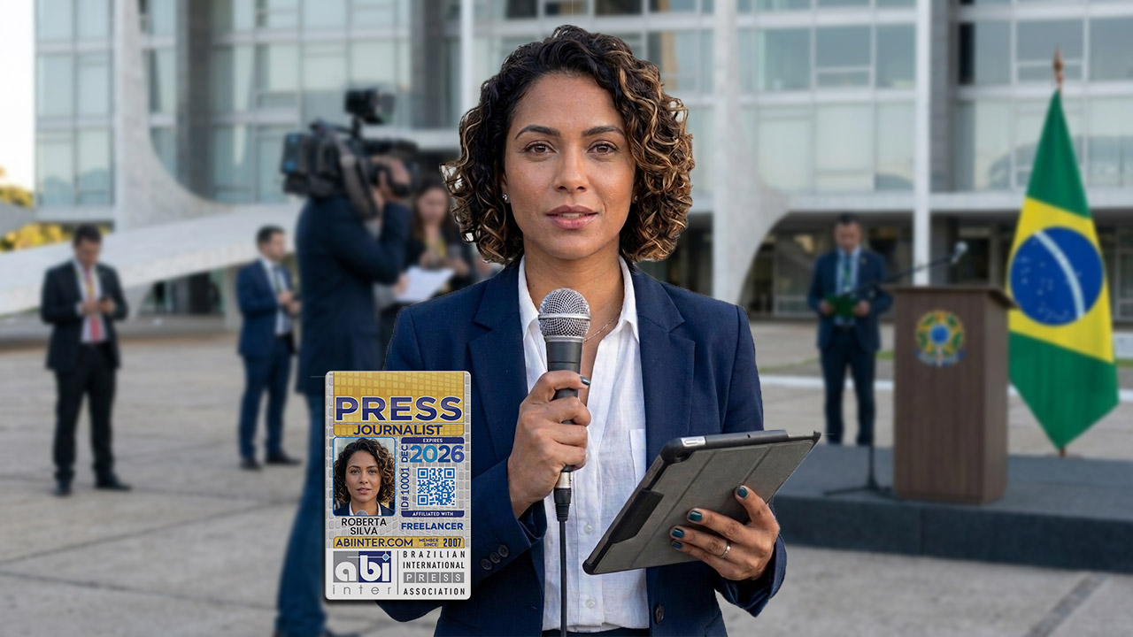 Close-up da jornalista Roberta Silva com microfone e tablet na Praça dos Três Poderes. Ela apresenta sua credencial de imprensa internacional da ABIINTER, válida até 2026. Ao fundo, desfocada, está a Praça dos Três Poderes e o Palácio do Planalto em Brasília.