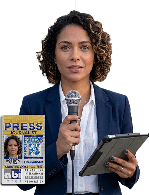 Reporter credenciada pela ABI Inter com a credencial de associado em destaque