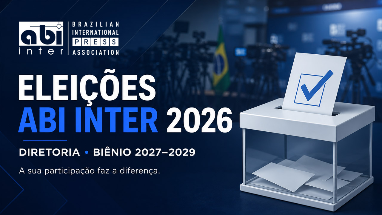 Banner das Eleições ABI Inter 2026, com logotipo da Associação Brasileira de Imprensa Internacional, urna eleitoral e chamada para a escolha da diretoria do biênio 2027–2029.